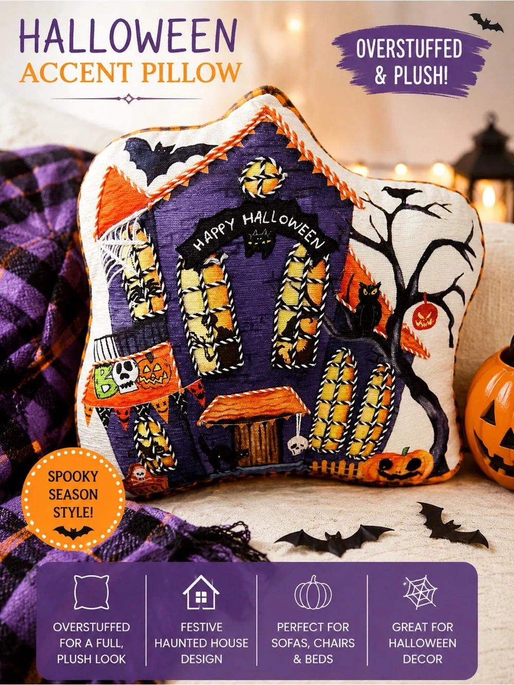 Isaac Mizrahi Halloween Haunted House Pillow - Purple & Orange